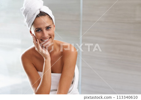 Bathroom, girl and portrait with towel for skincare and hygiene for cleanliness or wellness for self care. Woman, morning shower routine for pamper or treatment for body dermatology and fresh glow. Bathroom, girl and portrait with towel for skincare and hygiene for cleanliness or wellness for self care. Woman, morning shower routine for pamper or treatment for body dermatology and fresh glow. 113340610