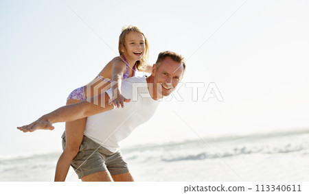 Father, child and portrait or airplane on beach holiday together or flying game on summer vacation, bonding or travel. Man, daughter and happy at ocean on back or Florida trip, playing or outdoor Father, child and portrait or airplane on beach holiday together or flying game on summer vacation, bonding or travel. Man, daughter and happy at ocean on back or Florida trip, playing or outdoor 113340611