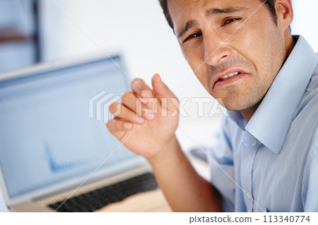 Laptop, crying or sad businessman in office for financial crisis, stress or frustrated by 404 charts. Tax mistake, graphs or accountant with brain fog, glitch or stock market crash disaster on screen 113340774