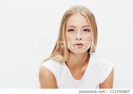 Woman, portrait and beauty with makeup, face and model for skincare, cosmetics on white background. Treatment, vision or healthy skin with shine, wellness or clean for glow, facial or mockup space 113340867