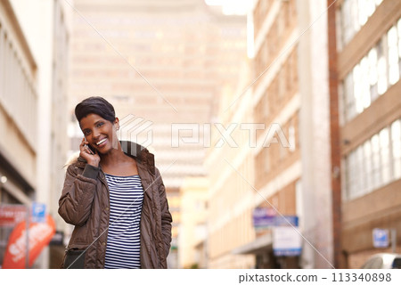 Phone call, smile and black woman in a city, conversation and New York with communication and network. Person, outdoor or girl with happiness or walking with cellphone and digital app with connection Phone call, smile and black woman in a city, conversation and New York with communication and network. Person, outdoor or girl with happiness or walking with cellphone and digital app with connection 113340898