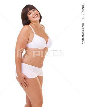 Portrait, health and underwear with natural woman n studio isolated on white background for body positive wellness. Fitness, beauty or aesthetic and plus size model looking confident with exercise 113340906