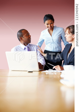 Business people, planning and laptop with brainstorming, ideas and coaching with collaboration, website design and cooperation. Group, meeting and man with women, teamwork and computer with support Business people, planning and laptop with brainstorming, ideas and coaching with collaboration, website design and cooperation. Group, meeting and man with women, teamwork and computer with support 113340942