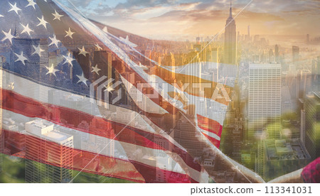 Collage of American images with the Stars and Stripes fluttering in the wind 113341031