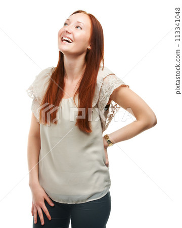 Studio, woman and happy in casual fashion or trendy style, thinking and creative idea by white background. French person, positive or professional in funky clothes or wellness in career as journalist Studio, woman and happy in casual fashion or trendy style, thinking and creative idea by white background. French person, positive or professional in funky clothes or wellness in career as journalist 113341048