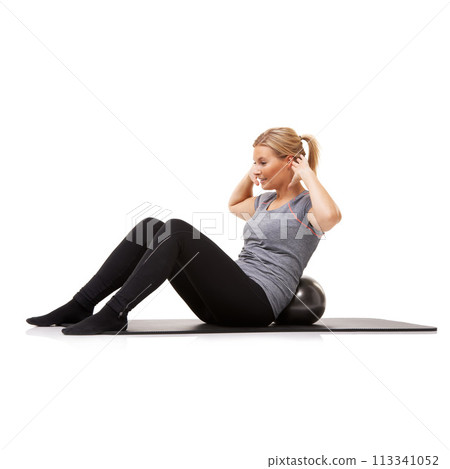 Woman, sit up and exercise ball on yoga mat for abs obliques workout, wellness fitness or white background. Female person, equipment and healthy balance in studio for mockup space, health or strength 113341052