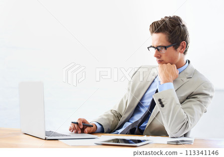 Business man, computer and thinking of stock market research, trading solution and choice or decision. Professional person or trader reading in glasses and vision for financial planning on his laptop Business man, computer and thinking of stock market research, trading solution and choice or decision. Professional person or trader reading in glasses and vision for financial planning on his laptop 113341146