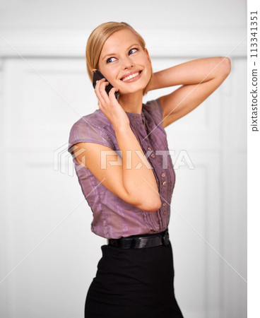 Woman, cellphone call and smile with thinking in office for contact, communication or deal at startup agency. Person, employee and mobile phone for conversation, negotiation or listening in workplace 113341351