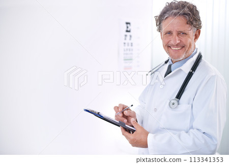 Happy, optometrist and portrait of doctor in eye exam with a checklist for healthcare, insurance or results of test. Clinic, paperwork or man in hospital with question of information for document Happy, optometrist and portrait of doctor in eye exam with a checklist for healthcare, insurance or results of test. Clinic, paperwork or man in hospital with question of information for document 113341353