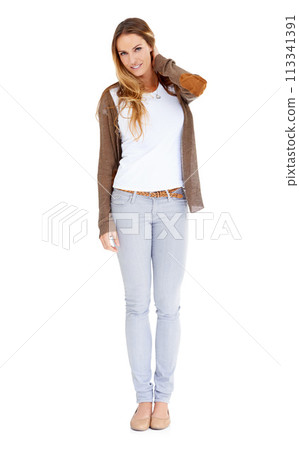 Woman, portrait and fashion confidence with style on white background in studio, mockup space or happy. Female person, model and face in Canada with good mood outfit or carefree casual, relax or calm Woman, portrait and fashion confidence with style on white background in studio, mockup space or happy. Female person, model and face in Canada with good mood outfit or carefree casual, relax or calm 113341391