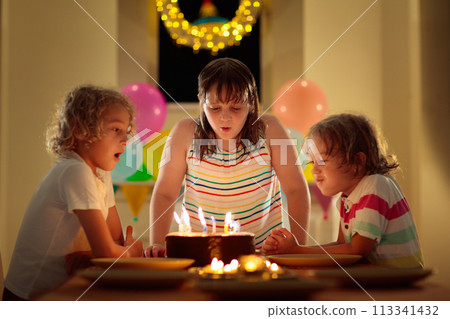 Child birthday party cake. Family with kids. Child birthday party cake. Family with kids. 113341432