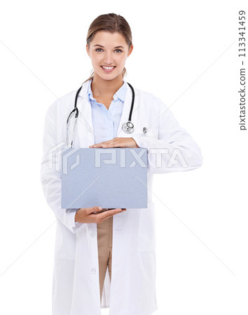 Sign, board and happy portrait of doctor in white background, studio and mock up space. Medical, information and woman with poster, presentation and paper for news in healthcare, hospital or clinic Sign, board and happy portrait of doctor in white background, studio and mock up space. Medical, information and woman with poster, presentation and paper for news in healthcare, hospital or clinic 113341459