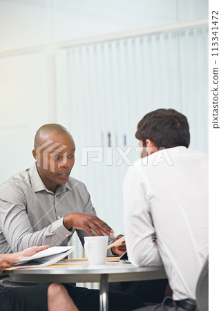 Business people, conference room and meeting with paperwork for teamwork planning, problem solving or collaboration. Male person, corporate and financial document or investment, deal or partnership 113341472