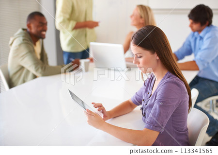 Tablet, research and business woman at desk, networking and internet app in startup office. Digital technology, creative designer at table and professional reading email, information and coworking Tablet, research and business woman at desk, networking and internet app in startup office. Digital technology, creative designer at table and professional reading email, information and coworking 113341565