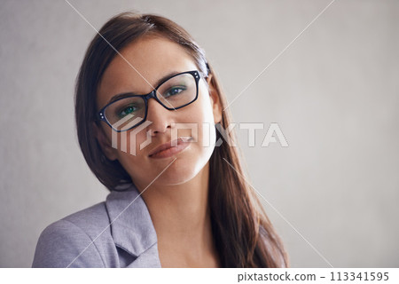 Professional, woman and portrait of financial advisor in office with advice for business and development. Corporate, person and consultant with confidence, pride or working in finance on mockup space 113341595