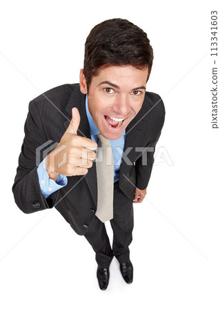 Businessman, portrait and thumbs up for approval in studio, yes and motivation for winner on white background. Male person, top view and like emoji for agreement or success, promotion and thank you 113341603