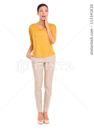 Woman, thinking and surprise in fashion on studio, white background and mock up space. Happy, news and girl hearing announcement with shocked, emoji and person planning with crazy information 113341616