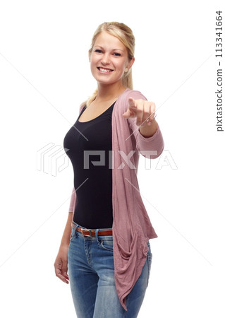 Fashion, woman and choice with smile in studio on white background, casual clothes and trendy outfit. Female person, pointing finger and happy with style for confidence, elegant and stylish jeans. Fashion, woman and choice with smile in studio on white background, casual clothes and trendy outfit. Female person, pointing finger and happy with style for confidence, elegant and stylish jeans. 113341664