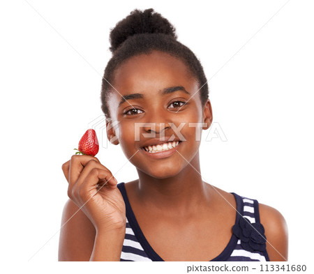 Smile, health and portrait of girl and strawberry in studio for nutrition, wellness and diet. Food, self care and vitamin c with face of African student and fruit on white background for fiber mockup Smile, health and portrait of girl and strawberry in studio for nutrition, wellness and diet. Food, self care and vitamin c with face of African student and fruit on white background for fiber mockup 113341680