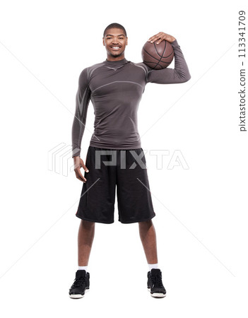 Sports, smile and portrait of black man with basketball, confidence and pride in body muscle workout. Fitness, wellness and health, happy professional athlete with ball isolated on white background. 113341709