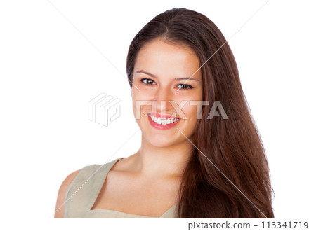 Happy, fashion and portrait of woman in studio with elegant, classy and trendy dress for outfit. Confident, smile and face of female person with fancy style and positive attitude by white background. 113341719