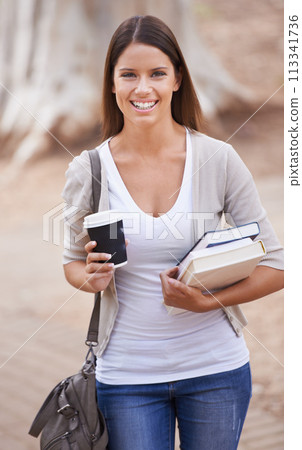College student, portrait and woman with coffee in park, street or outdoor on campus in summer. Takeaway, tea and person in walking with beverage in a cup to class for education and excited to study College student, portrait and woman with coffee in park, street or outdoor on campus in summer. Takeaway, tea and person in walking with beverage in a cup to class for education and excited to study 113341736