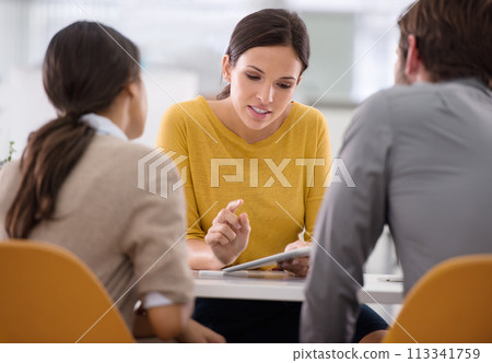 Couple, meeting and financial advisor on tablet for advice, support and feedback on loan, offer or investment. Agent, people or clients talking and consulting with digital app for insurance benefits Couple, meeting and financial advisor on tablet for advice, support and feedback on loan, offer or investment. Agent, people or clients talking and consulting with digital app for insurance benefits 113341759
