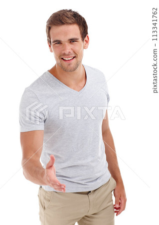 Handshake, portrait and man with agreement for support, welcome or congratulations for partnership on white background. Introduction, hello and shaking hands for thank you, networking and opportunity 113341762