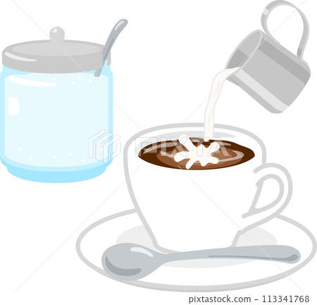 Milk being poured into coffee from a milk pitcher Milk being poured into coffee from a milk pitcher 113341768