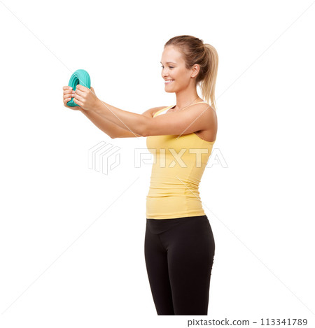 Happy woman, grip and bend in resistance for arm workout isolated against a white studio background. Young female person or athlete with band or tube in exercise, training or fitness on mockup space 113341789