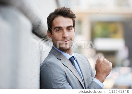 Happy, confident and portrait of businessman in city with positive, good and proud attitude. Smile, suit and handsome professional male accountant with classy and elegant style in urban town. Happy, confident and portrait of businessman in city with positive, good and proud attitude. Smile, suit and handsome professional male accountant with classy and elegant style in urban town. 113341848