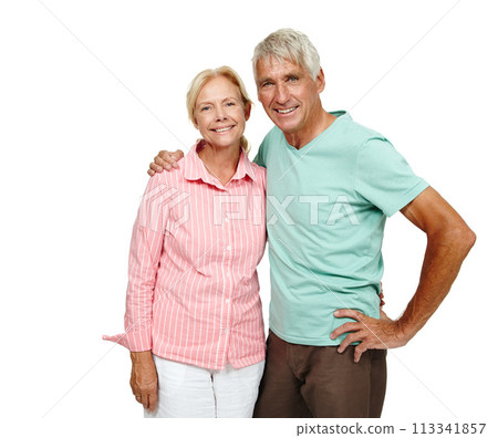 Senior couple, portrait and hug in studio with love, smile and happy for wedding anniversary, celebrate and marriage. Mature people, together and embrace for memories on isolated white background Senior couple, portrait and hug in studio with love, smile and happy for wedding anniversary, celebrate and marriage. Mature people, together and embrace for memories on isolated white background 113341857