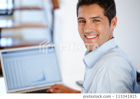 Laptop, portrait or happy accountant in office for financial charts, data analysis or analytics for investment. Audit, online or trader trading with profit, graphs or stock market bonus on screen 113341915