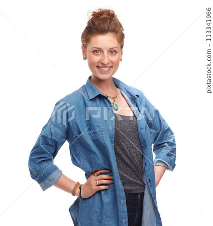 Portrait, fashion and smile of confident woman in studio isolated on a white background. Proud, model and happy person or young girl in trendy clothes with stylish denim on a backdrop in Germany 113341966