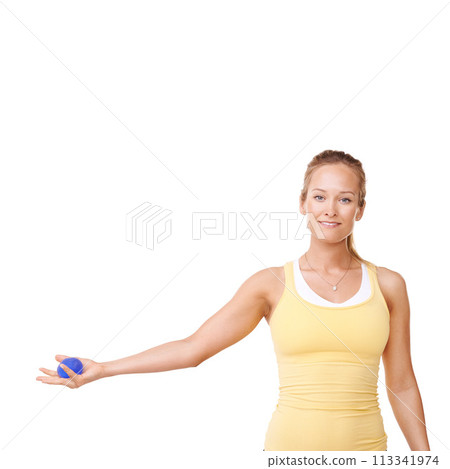 Stress ball, portrait and woman in studio for mindful, fitness and arm exercise with smile. Happy, sport equipment and young female person from Canada with anxiety relief isolated by white background Stress ball, portrait and woman in studio for mindful, fitness and arm exercise with smile. Happy, sport equipment and young female person from Canada with anxiety relief isolated by white background 113341974