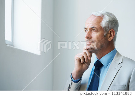 Thinking, mature and businessman at office in suit, looking at window and confident with thoughts. Corporate, executive and professional with experience in business with wisdom and ideas for future Thinking, mature and businessman at office in suit, looking at window and confident with thoughts. Corporate, executive and professional with experience in business with wisdom and ideas for future 113341993