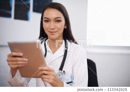 Portrait, doctor and woman with tablet in hospital for healthcare, wellness or telehealth online in clinic. Face, medical and professional with technology, employee and radiology expert in Brazil 113342029