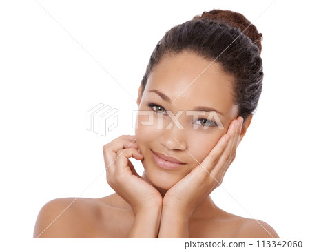 Happy woman, portrait and skincare for beauty, cosmetics or treatment against a white studio background. Face of attractive young female person smile in satisfaction for spa or facial on mockup space Happy woman, portrait and skincare for beauty, cosmetics or treatment against a white studio background. Face of attractive young female person smile in satisfaction for spa or facial on mockup space 113342060