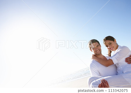 Smile, ocean and portrait of couple with embrace for love, summer vacation and bonding on holiday. Happy, man and woman with mockup by beach for romance, anniversary and tourist adventure in Miami 113342075