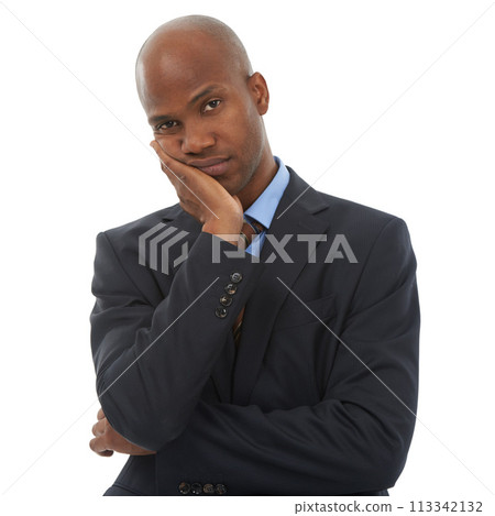 Bored, white background and portrait of business black man with upset, annoyed and frustrated reaction. Professional, corporate worker and face of isolated tired person with depression in studio 113342132