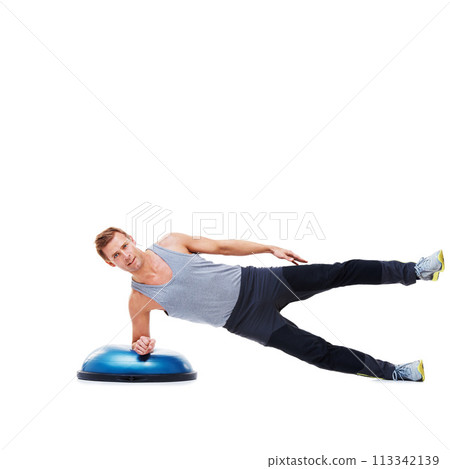 Man, exercise and balance on bosu ball for core training, muscle and workout isolated on white background. Fitness equipment, strength and endurance with mockup space and strong athlete in studio 113342139