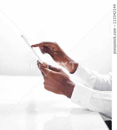 Hands, businessperson and tablet for research in office, planning and browse on internet or website. Professional, white background and communication on tech, employee and online on mockup space 113342144