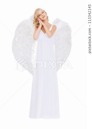 Holy, angel wings and woman with peace, calm and person isolated on white studio background. Girl, guardian and religion with worship or spiritual with faith and trust with hope, goddess or celestial 113342145