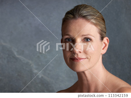 Mature woman, studio and beauty for portrait, skincare and natural look in fresh treatment and wrinkles. Beautiful female person, face and happy in grey background, face and cosmetic confidence Mature woman, studio and beauty for portrait, skincare and natural look in fresh treatment and wrinkles. Beautiful female person, face and happy in grey background, face and cosmetic confidence 113342159