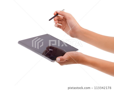 Closeup, hands or drawing on tablet in studio for signature, application form or online document on website. Graphic designer, person or digital pen for writing or creative sketch on white background 113342178