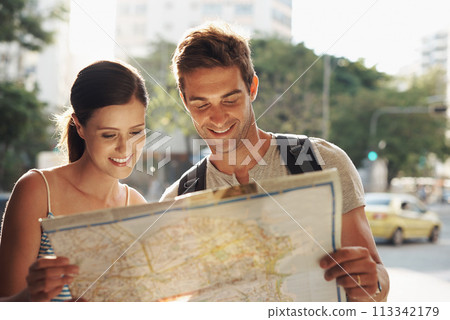 Couple, travel or map for tourist destination with direction, tour route and happiness on holiday or vacation in Brazil. Face, man and woman with smile in city street for explore, tourism and journey 113342179