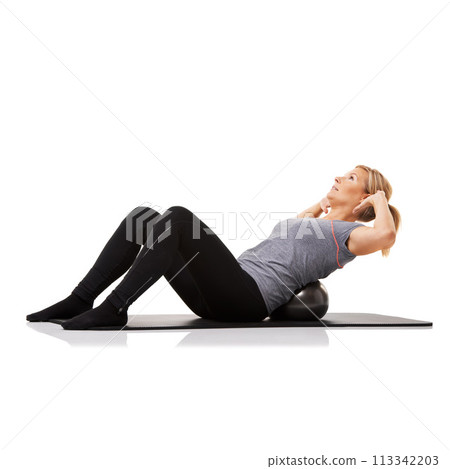 Exercise, ball and woman with workout, energy and wellness isolated on white studio background. Person, mockup space and girl on a mat, core training and balance with endurance, progress or challenge Exercise, ball and woman with workout, energy and wellness isolated on white studio background. Person, mockup space and girl on a mat, core training and balance with endurance, progress or challenge 113342203