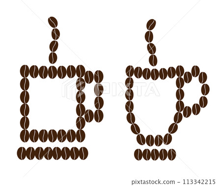 Stylized contour drawing cups of coffee beans with saucer and steam Logo Icon design idea Set of 2 113342215
