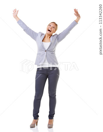 Wow, winner and success with business woman in studio isolated on white background for celebration. Energy, motivation and goals with happy young person cheering for target, achievement or victory Wow, winner and success with business woman in studio isolated on white background for celebration. Energy, motivation and goals with happy young person cheering for target, achievement or victory 113342260