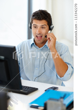 Computer, remote work and businessman consulting for call center in home office with crm, faq or b2b networking. Microphone, telemarketing and virtual assistant with pc, help and customer support Computer, remote work and businessman consulting for call center in home office with crm, faq or b2b networking. Microphone, telemarketing and virtual assistant with pc, help and customer support 113342270